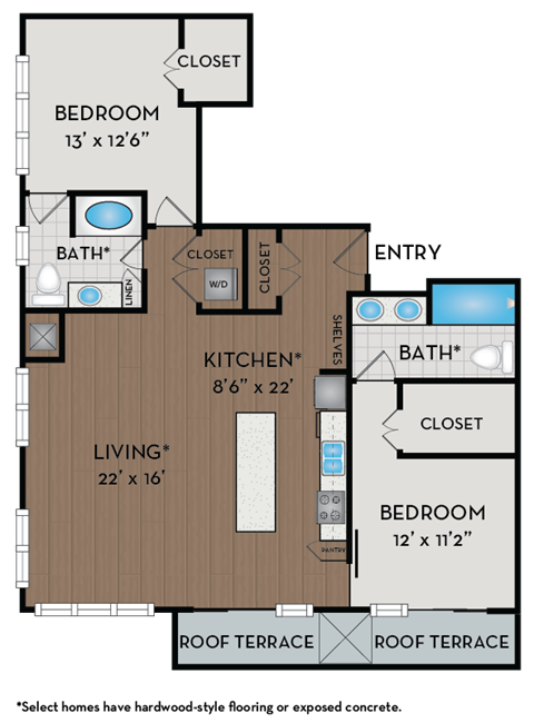 A floor plan of a house with a living room, kitchen, and two bedrooms.